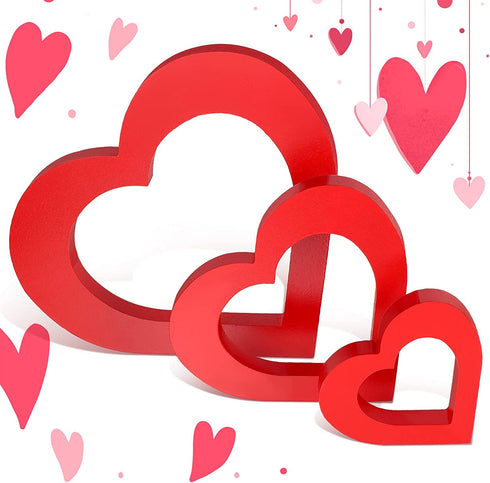 3 Pieces Heart Wooden Sign Heart Shape Wood Decor Love Table Decoration Rustic Mother's Day Tabletop Centerpiece for Shelf Nursery Decor Home Decor (Red,Heart Style)
