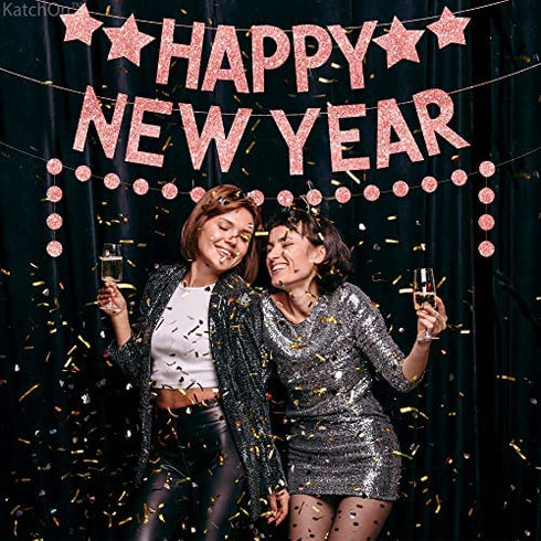 Rose Gold Glitter, Happy New Year Banner - No DIY, 2 Strings | Happy New Year Sign Happy New Year Decorations 2023 | New Years Eve Party Supplies 2023 | New Years Eve Banner, New Years Eve Decorations