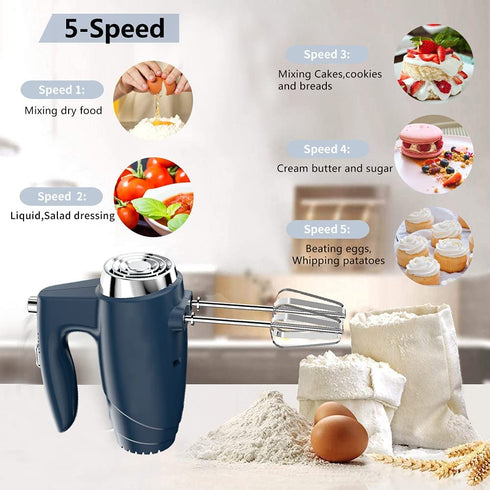5-Speed 200W Electric Hand Mixer,with Eject Button,4 Stainless Steel Attachments(Beaters and Dough Hooks),for Whipping Cake, Cream,Dough,Cookies,Blue