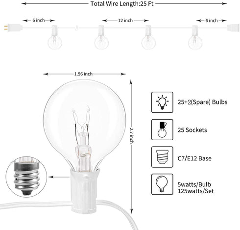 Outdoor String Light 25Feet G40 Globe Patio Lights with 27 Edison Glass Bulbs(2 Spare), Waterproof Connectable Hanging Light for Backyard Porch Balcony Deck Party Decor, E12 Socket Base, White