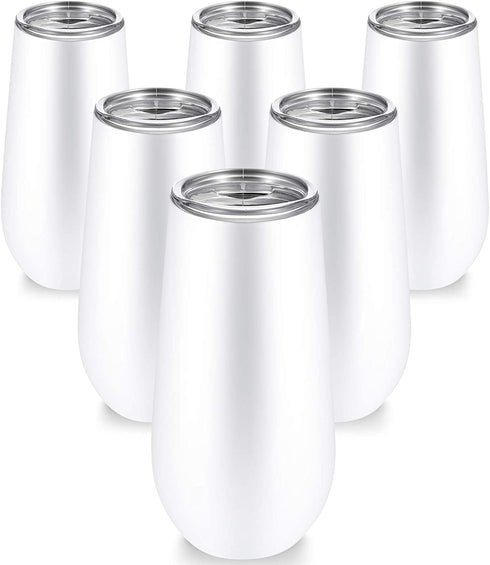 6 Pieces Stemless Champagne Flutes Double-insulated Champagne Tumbler with Lips, 6 OZ Stainless Steel Unbreakable Cocktail Cups for Coffee Wine Glass Tumbler (White)