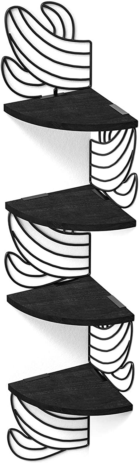 Alsonerbay Corner Shelf Wall Mount, 4 Tier Floating Shelves for Wall Storage, Rustic Wood Shelves for Bedroom Living Room Bathroom Kitchen Office (Black Cactus)