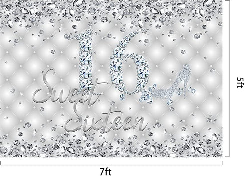 Lofaris Sweet 16 Birthday Party Backdrop Glitter Sliver High Heels Diamond Birthday Background Girls Sweet Sixteen Birthday Party Decorations Banner Photo Booth Props 7x5ft