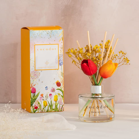 Cocod'or COCODOR Tulip & Preserved Real Flower Reed Diffuser/Floral Bouquet / 6.7oz(200ml) / 1 Pack/Reed Diffuser Set, Oil Diffuser & Reed Diffuser Sticks, Home Decor & Office