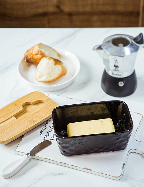 Large Butter Dish Porcelain Butter Dish with Lid and Knife for Countertop Double Silicone Seal Butter Dishes with Covers Perfect for West or East Coast Butter, Unique Stone Pattern Black