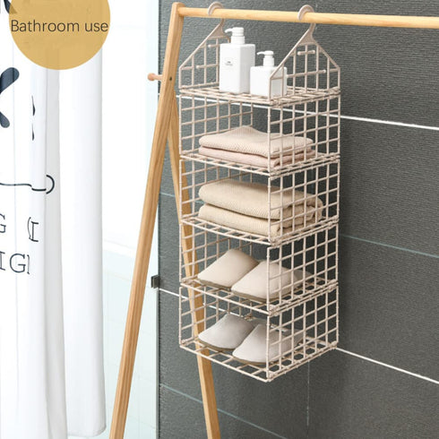 Gencuoir Foldable Closet Organizer,2-Layer Plastic Hanging Organizer Closet Organizer Hanging for Bathroom&Kids roomCan fit Sweater Shoes Tote Bag(Beige )