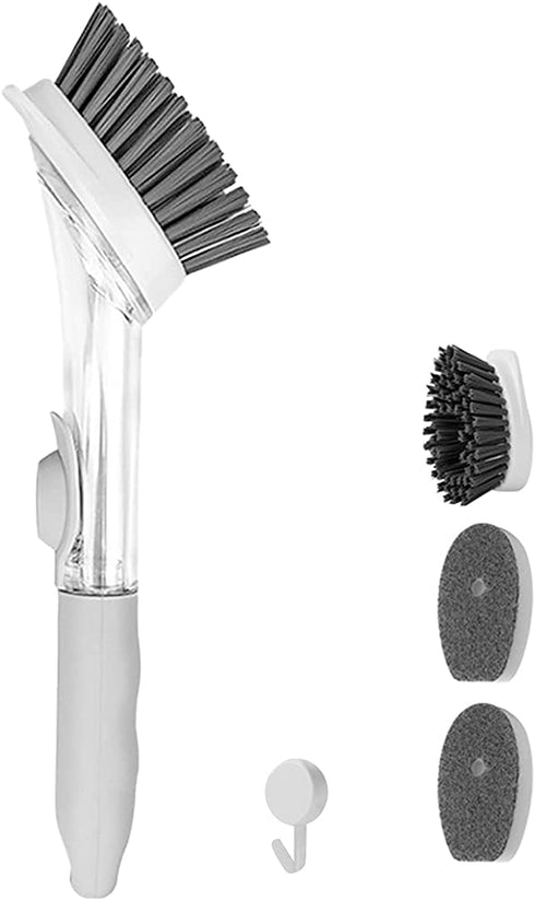 Cenbee Soap Dispensing Dish Brush with 4 Replaceable Heads, Updated No Leaking Soap Dish Scrubber Soap Dispenser, Kitchen Dish Brush with Soap Dispenser for Pot Pan Sink Cleaning(Light Gray)