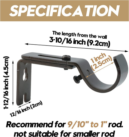 AddGrace Adjustable Curtain Rod Bracket, Fits up to 1 inch Curtain Rod, Set of 6, Sturdy Extendable Curtain Rod Holder, Metal Single Rod Bracket for Wall (Bronze)