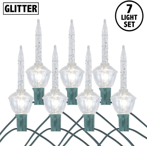 Novelty Lights, Inc. CL-Bubble-Set-7 Tradtional Bubble Light and Stringer Set, 7 Clear Bubble Fluids with Silver Glitter, Green Wire, C7/E12 Candelabra Base, 7 Pack