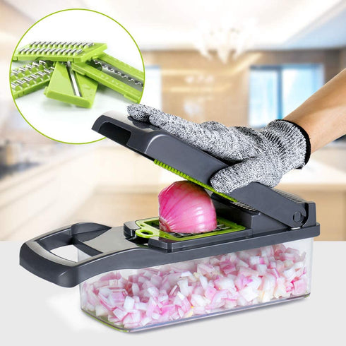 Cambom Onion Chopper Vegetable Chopper Mandoline Slicer Dicer with Colander Basket And Container Food Chopper Onion Cutter with Protective Gloves(Gray)