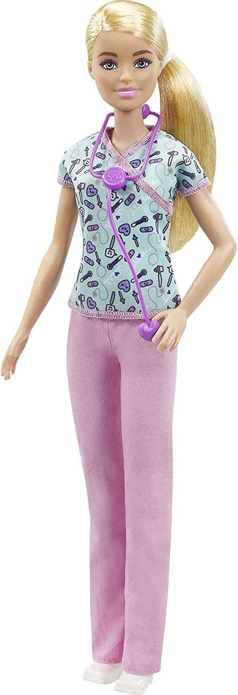 Barbie Nurse Blonde Doll (12-in) with Scrubs Featuring a Medical Tool Print Top & Pink Pants, White Shoes & StethoscopeAccessory, Great Gift for Ages 3 Years Old & Up