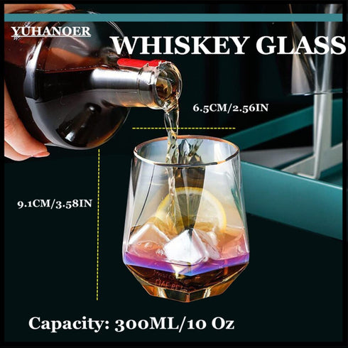 Christmas Diamond Whiskey Glasses Wine Glass Set Of 2(10Oz)Rocks Glass,with Gold Rim Stemless,Iridescent Glassware Crystal Material Tumblers,for Red Wine Bourbon Beverage Juice Glass(2pcs )