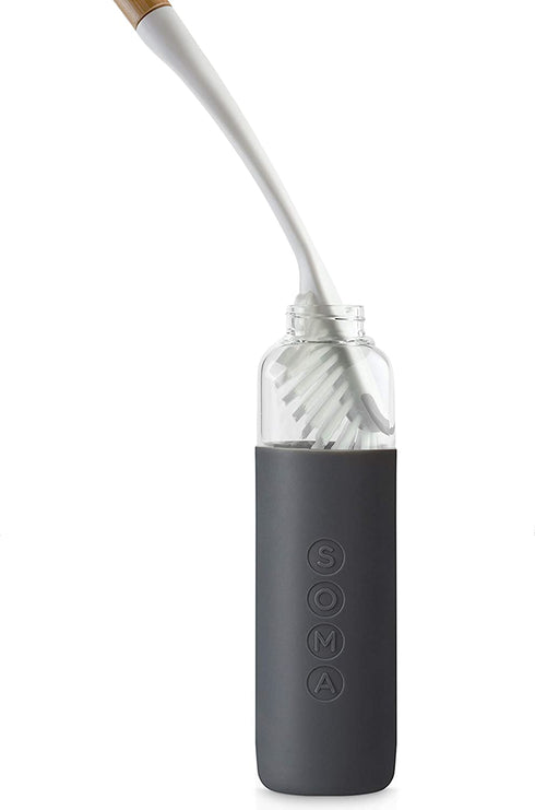 SOMA Long, Curved-Head Bottle Brush with Silicone Stand and Bamboo Handle, 14"", Gray"