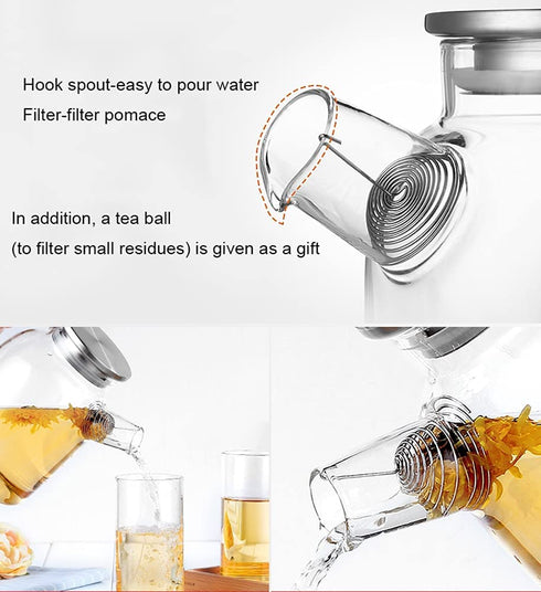 Glass Water Pitcher Carafe with Stovetop Safe Teapot with Tea Ball Infuser for Blooming Tea, Juice Jug, coffee,1000ml/ 34oz?High borosilicate glass?Sharemee
