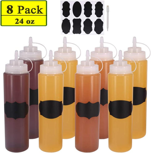 Belinlen 8 Pack 24 oz Plastic Squeeze Squirt Condiment Bottles with Twist On Cap Lids - Perfect for Condiments, Oil, Icing, LiquidsSet of 8 with extra 8 Chalk Labels and 1 Pen