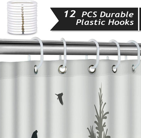 Bonhause Forest Deer Shower Curtain with 12 Hooks Pine Tree and Birds Decorative Bath Curtain 72 x 72 Inch Polyester Fabric Machine Washable Waterproof Bathroom Curtain
