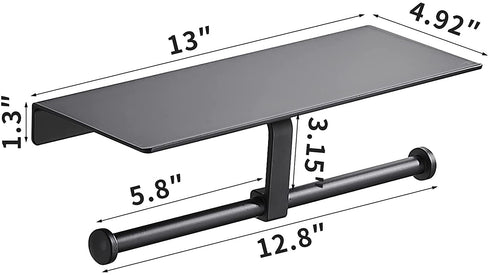 Matte Black Toilet Paper Toilet Holder with Shelf/ Dual Rolls Commercial Toilet Paper Dispenser with Storage Shelf for Wipes, Tissues, Cell Phone. Wall Mounted with Glue or Screws, Aluminum