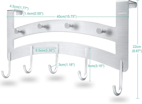 ACMETOP Over The Door Hook Hanger, Heavy-Duty 9 Hook Organizer Rack for Coat, Towel, Bag, Robe, Aluminum, Brush Finish(Silver)