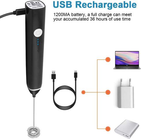 Milk Frother, Rechargeable hand-Held Electric Milk Frother 3 Adjustable USB Charging Can Be Used forBulletproof Coffee Protein Drinks Matcha Coffee Whisk (Black)