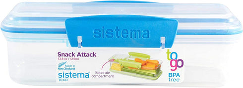 Sistema Snack Attack To Go 410ml / 13.86oz Two compartments Lunch Box Container 7.5 x 3.1 x 2.3 inches, Colors Vary, 2-Pack