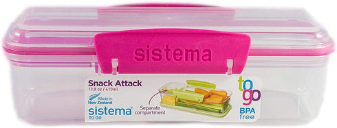 Sistema Snack Attack To Go 410ml / 13.86oz Two compartments Lunch Box Container 7.5 x 3.1 x 2.3 inches, Colors Vary, 2-Pack