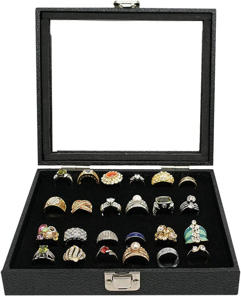 Jewelry Storage Case, Black Wooden 36 Slot Velvet Glass Ring Storage Box Display, Stand Case Holder Organized Tray for Jewelry Showcase