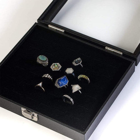 Jewelry Storage Case, Black Wooden 36 Slot Velvet Glass Ring Storage Box Display, Stand Case Holder Organized Tray for Jewelry Showcase