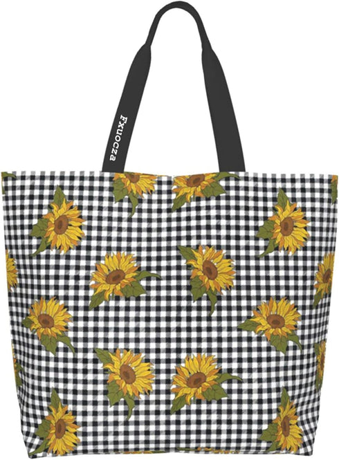 Fxuocza Sunflower Plaid Canvas Tote Bag Shopping Bag for Women Oversized Tote Bag for Grocery Travel Reusable Sunflower Bags