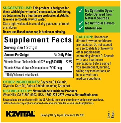 Nature Made Vitamin D3 K2, 5000 IU (125 mcg) Vitamin D, Dietary Supplement for Bone, Teeth, Muscle and Immune Health Support, 30 Softgels, 30 Day Supply