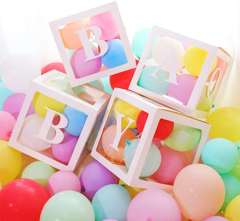 Baby Shower Boxes Party Decorations, 4-Pack Transparent Balloons Boxes D©cor with BABY Letters Blocks for Boys Girls Baby Shower Decorations Gender Reveal Bridal Showers Birthday Party Backdrop