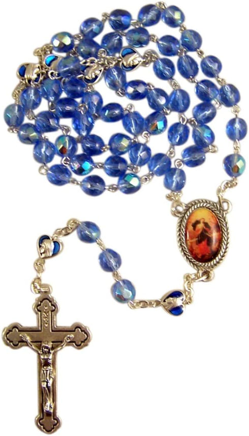 7mm Faceted Blue Plastic Bead Rosary with Silver-Toned Virgin Mary Medals, Lady of Knots Centerpiece and Crucifix, 21 1/4 Inches