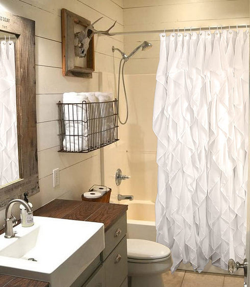 Volens White Ruffle Shower Curtain Farmhouse Fabric Cloth Curtains for Bathroom, 72x72 in Long