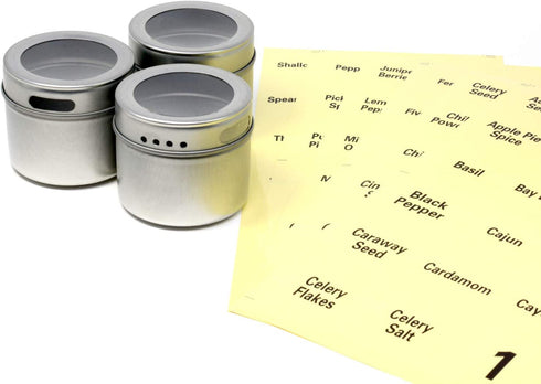 CMS MAGNETICS - 12 Count Magnetic Spice Tin Jars Set with Clear Ingredient Sticker Labels for Kitchen, Refrigerators, and Wall Mount Organizer