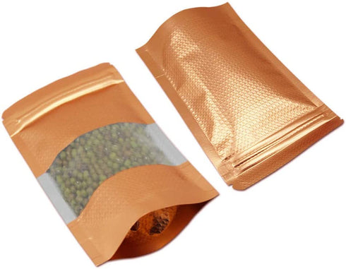 100Pcs Stand Up Mylar Bags Orange Color Aluminum Foil Packaging Bag with Line Clear Window for Zip Self Seal Lock Food Storage Zipper Lock Package Pouch 3.5x5.1 inch
