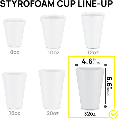 32 Oz Disposable Styrofoam Cups (25 Pack), White Foam Cup Insulates Hot & Cold Beverages, Made in the USA, To-Go Cups - for Coffee, Tea, Hot Cocoa, Soup, Broth, Smoothie, Soda, Juice
