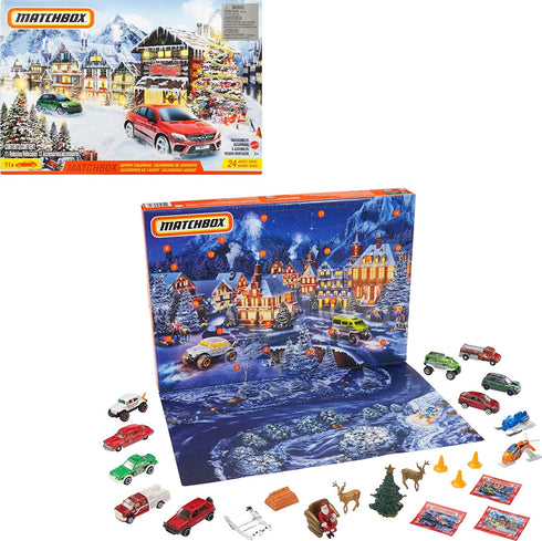 Matchbox Advent Calendar with 24 Surprises that Include 11 1:64 Scale Cars with Authentic & Holiday-Themed Decos & Accessories, Holiday Gift for Kids 3 Years Old & Up, Multi (GXH01)