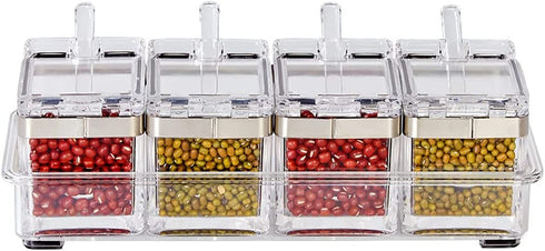 LOYUYU Seasoning Box, Seasoning Rack Spice Pots, 4 Piece Clear Acrylic Cruet, Storage Container Condiment Jars with Cover and Spoon 304 Steel Edge