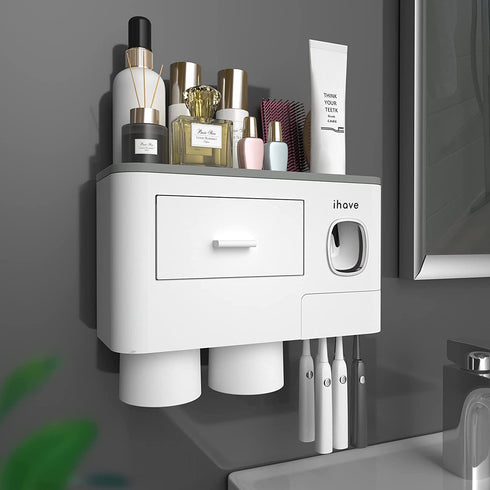 iHave Toothbrush Holders for Bathrooms, 2 Cups Toothbrush Holder Wall Mounted with Toothpaste Dispenser, Large Capacity Tray, Cosmetic Drawer and 6 Brush Slots with Cover Tooth Brush Holder