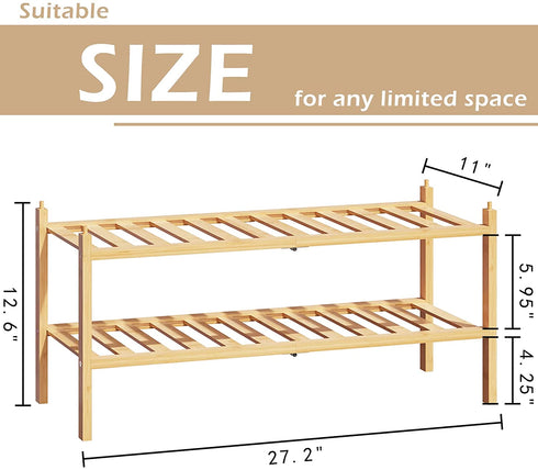 BAMFOX 2-Tier Shoe Rack,Bamboo Stackable Shoe Storage Organizer Unit Entryway Shelf,27.2"x11"x13.2" in Natural Color