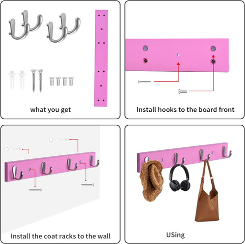 Wall Mounted Coat Rack Ethuh Rustic Wall Hook Solid Wood Hat Hanger Entryway Hanging Coat Rack4 Silver Metal for Entryway, only 1screws to Hold The Hooks Rack (Pink Nickel-Plated)