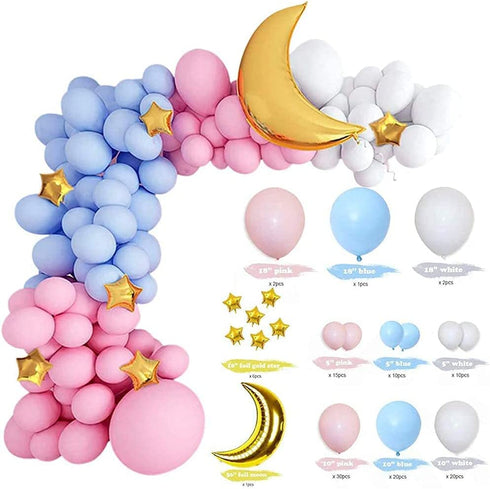 Gender Reveal Decorations Pastel Balloon Garland Arch Kits, 117PCS Blue And Pink White Gold Foil moon with twinkle twinkle little Star Gender Reveal Diy Baby Shower Balloons Party Supplies