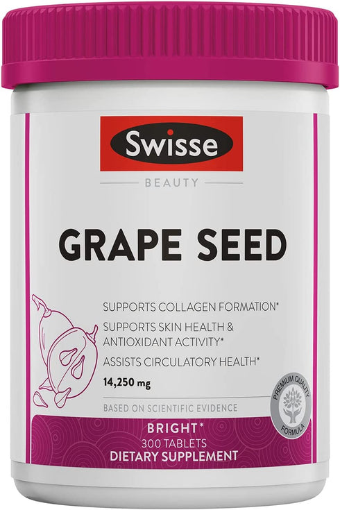 Swisse Grape Seed Extract Capsules Antioxidant Herbal Supplement | Grapeseed Polyphenols + Antioxidant Vitamin C | Promotes Skin Health & Collagen Production | 300 Tablets