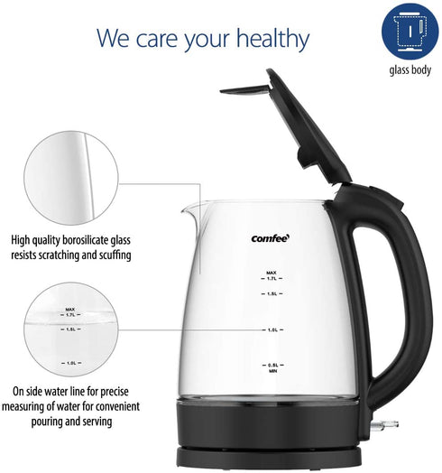 COMFEE' Glass Electric Tea Kettle & Hot Water Boiler(BPA-Free), 1.7L, Cordless with LED Indicator, 1500W Fast Boil, Auto Shut-Off and Boil-Dry Protection