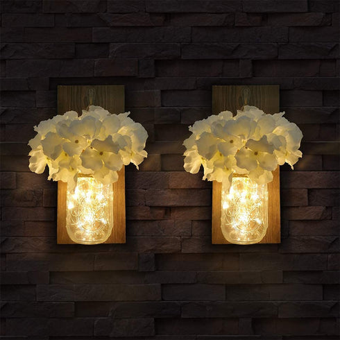 2 Pack Mason Jar Wall Decor With 8 Functions Remote, Hanging Mason Jars Light with 6-Hour Timer 30 Led Fairy Lights, Rustic Home Decor Wall Sconce With White Silk Hydrangea, Wall Art for Living Room
