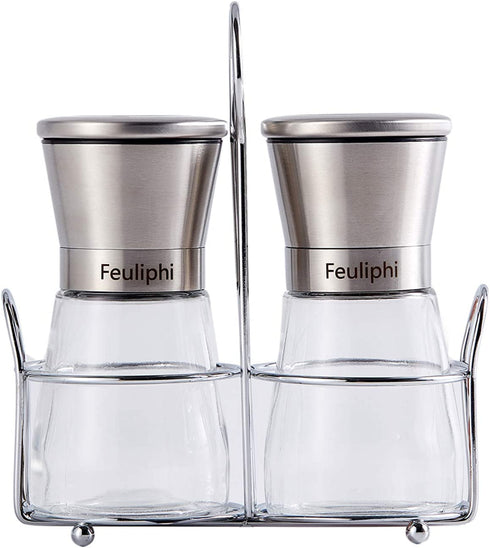 Slat and Pepper Grinder Set of 2 with Stainless Steel Holder, Adjustable Coarseness, Premium Stainless Steel and Glass body Spice Mill, Salt and Pepper Shaker