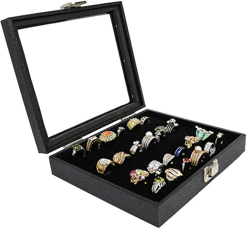 Jewelry Storage Case, Black Wooden 36 Slot Velvet Glass Ring Storage Box Display, Stand Case Holder Organized Tray for Jewelry Showcase