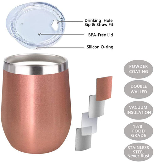 12oz Wine Mug Stainless Steel Tumbler Vacuum Double Wall Glass Stemless coffee Lid Gift Straw Travel Bottle Cocktail Large Walled Unbreakable Water Ice Champagne Cold Beer Drink (Rose Gold)