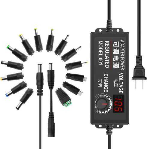 JOVNO Universal Power Supply 3V-24V 2A 48W Adjustable AC/DC Adapter 100~240V AC to DC 5V 9V 12V 15V 19V 20V with LED Display 14 Plugs 1 Reverse Polarity Converter Cable for LED Strips Motors Speaks