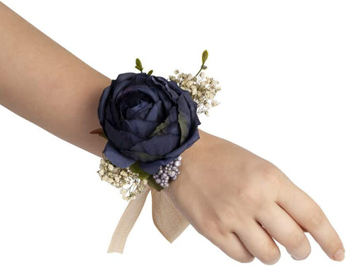 Bridals By Ada Melpomene Handmade Artificial Flowers, Corsage Wristlet, Burgundy Flowers for Rustic Wedding Theme (Dark Blue)