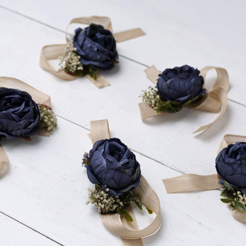 Bridals By Ada Melpomene Handmade Artificial Flowers, Corsage Wristlet, Burgundy Flowers for Rustic Wedding Theme (Dark Blue)